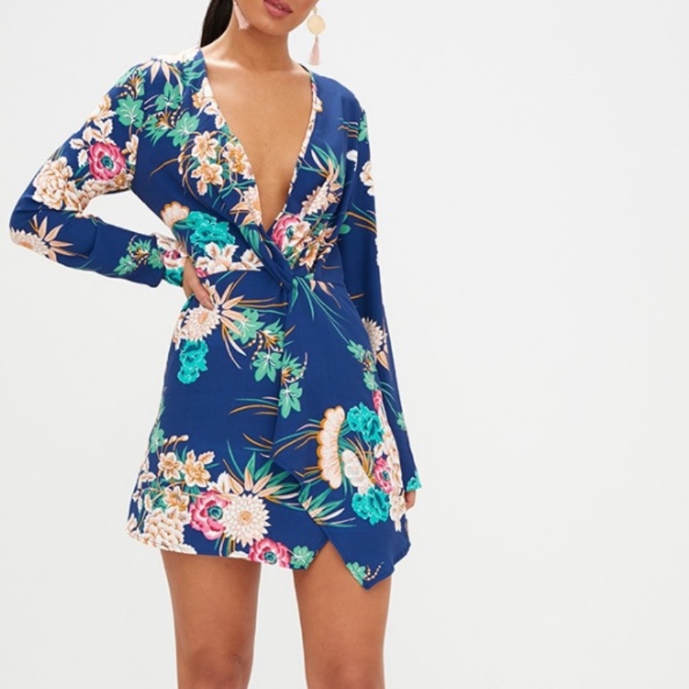 blue floral long sleeve wrap dress